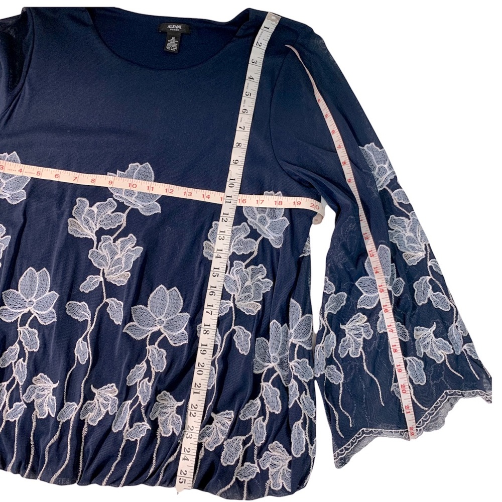 ALFANI Blouse Navy Nautical Embroidered blue ruffle Bell Sleeves Plus Sz 1X NWT - Picture 6 of 9
